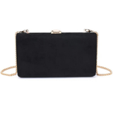 A black rectangular clutch bag with a gold-tone chain strap and a small gold clasp at the top, shown against a plain white background.