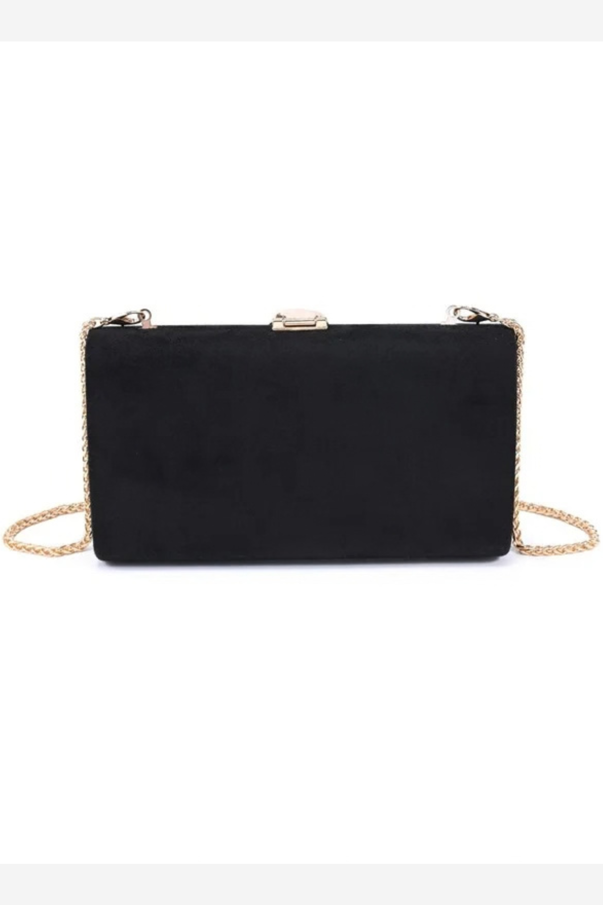 A black rectangular clutch bag with a gold-tone chain strap and a small gold clasp at the top, shown against a plain white background.