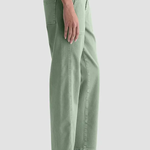 A person shown from the waist down wearing sage green wide-leg cropped pants with black flat sandals, against a light gray studio background.