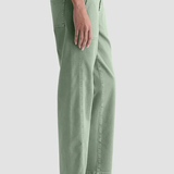 A person shown from the waist down wearing sage green wide-leg cropped pants with black flat sandals, against a light gray studio background.