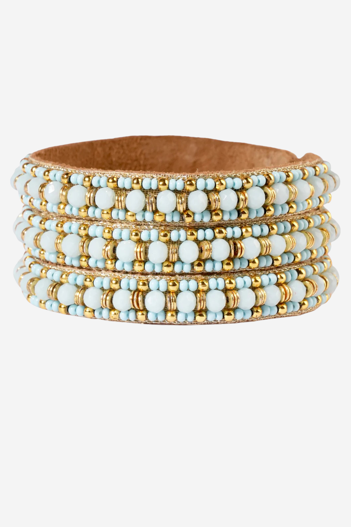 A wide leather cuff bracelet decorated with multiple rows of light blue and white beads accented by small gold beads, shown on a plain light gray background.