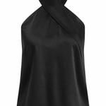 A black satin halter top with a unique criss-cross wrap-style neckline, shown on a plain white background.