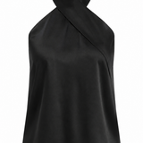 A black satin halter top with a unique criss-cross wrap-style neckline, shown on a plain white background.