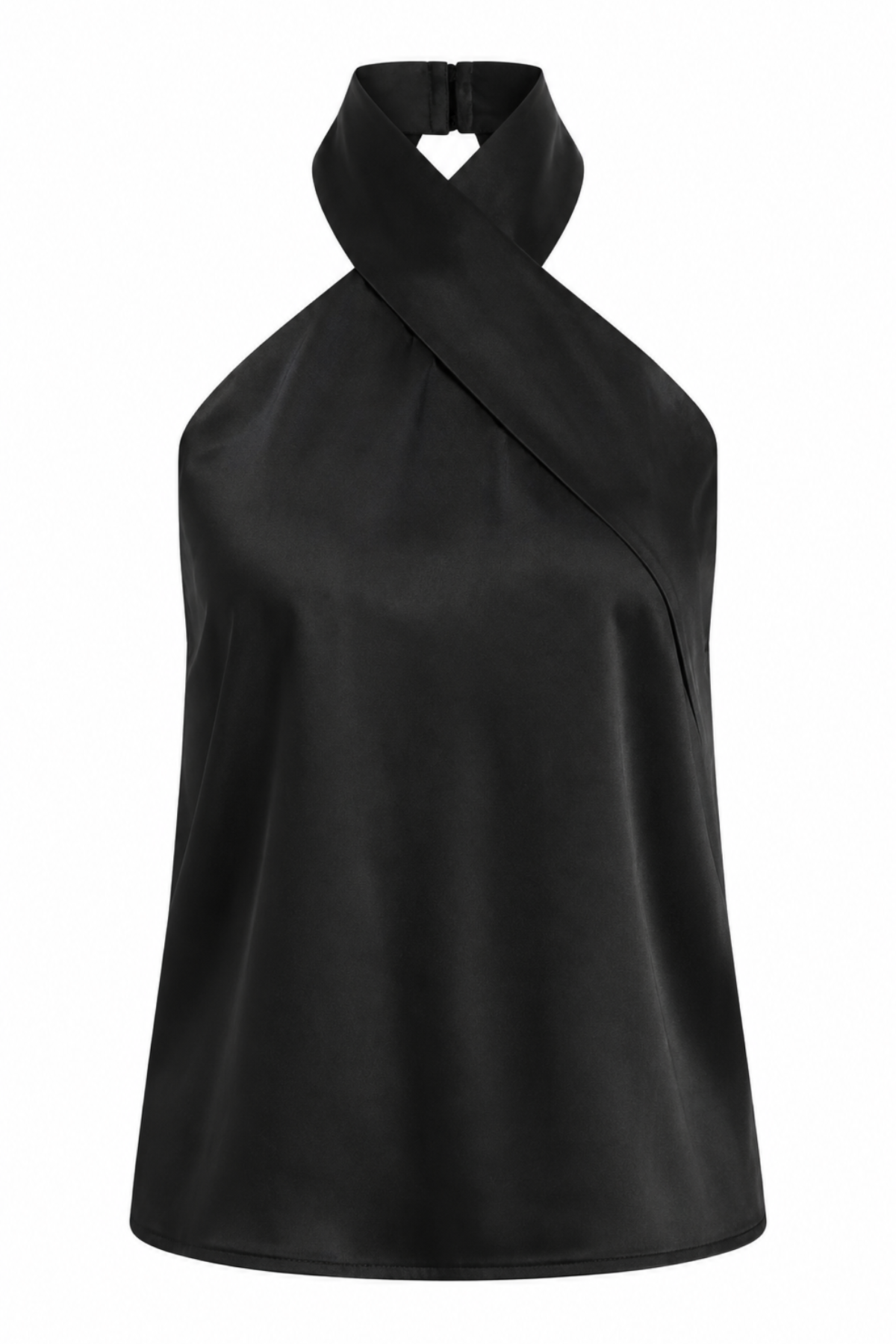 A black satin halter top with a unique criss-cross wrap-style neckline, shown on a plain white background.