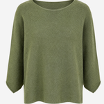 An olive green knit top with a wide boat neckline and three-quarter sleeves, shown against a plain light gray background.