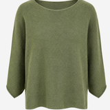 An olive green knit top with a wide boat neckline and three-quarter sleeves, shown against a plain light gray background.