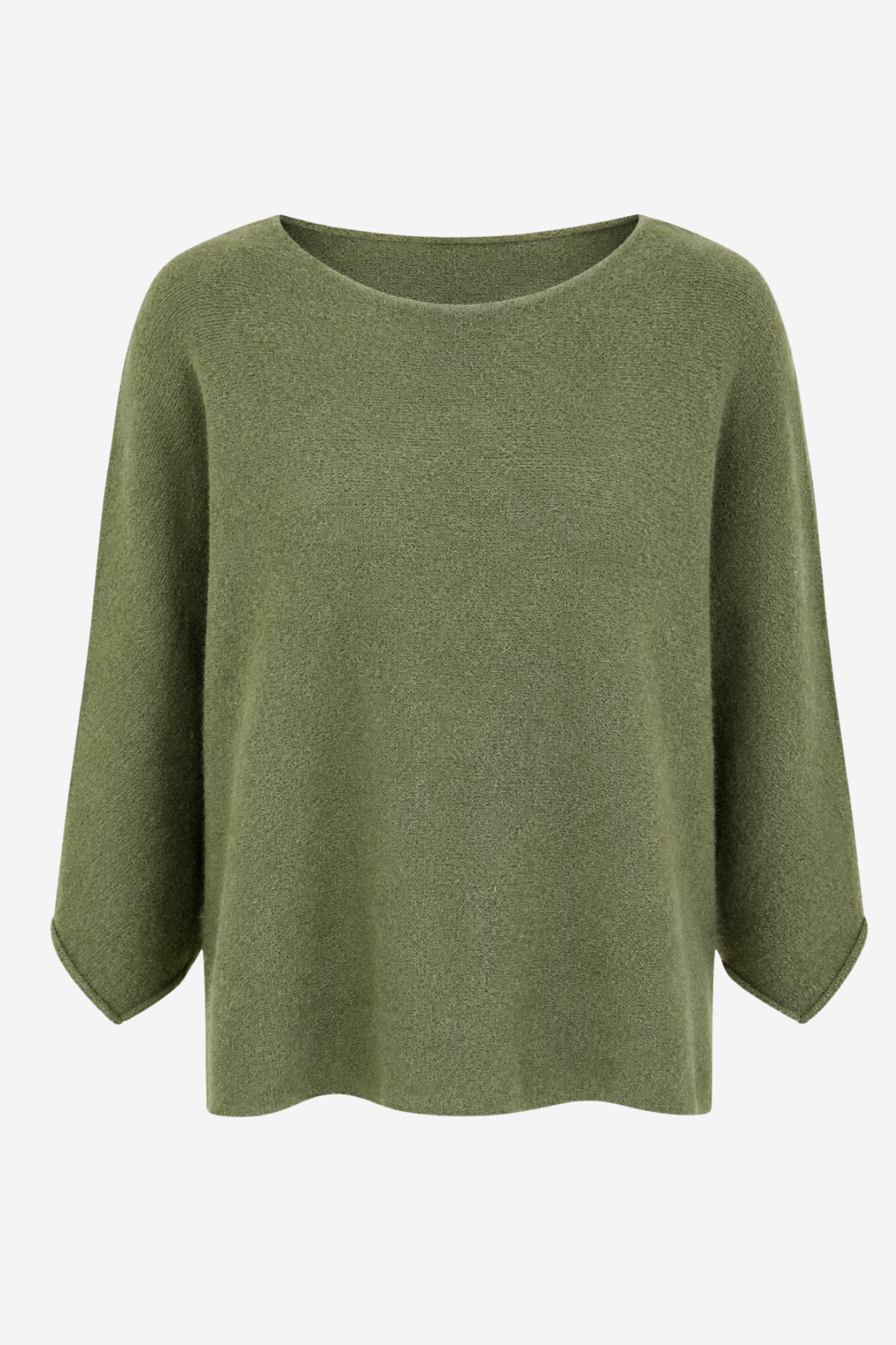 An olive green knit top with a wide boat neckline and three-quarter sleeves, shown against a plain light gray background.