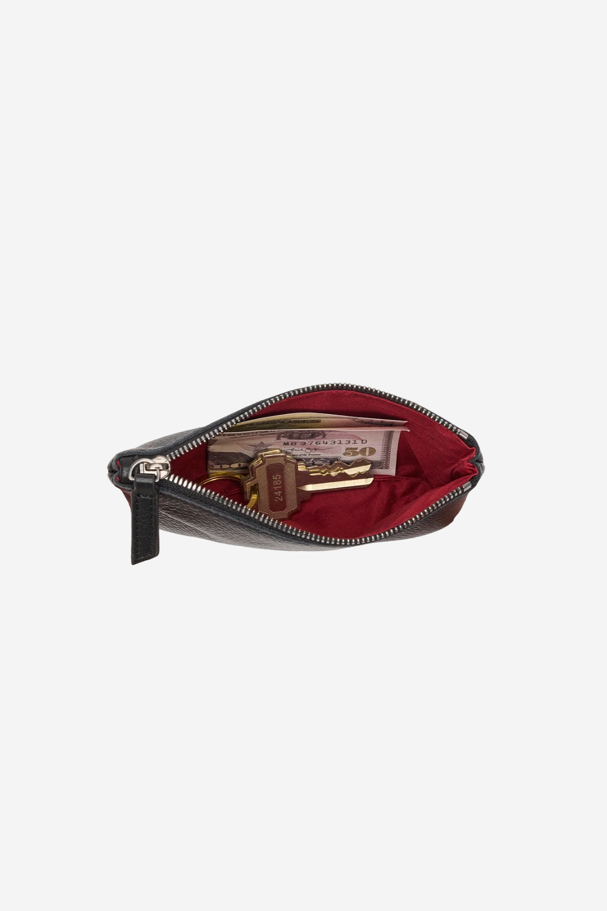 A dark brown leather zippered pouch shown open, revealing a deep red velvet-lined interior with various items inside, set against a plain light gray background.