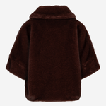 A dark brown faux fur jacket with a wide collar and short wide sleeves, shown from the back on a light gray background.