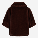 A dark brown faux fur jacket with a wide collar and short wide sleeves, shown from the back on a light gray background.