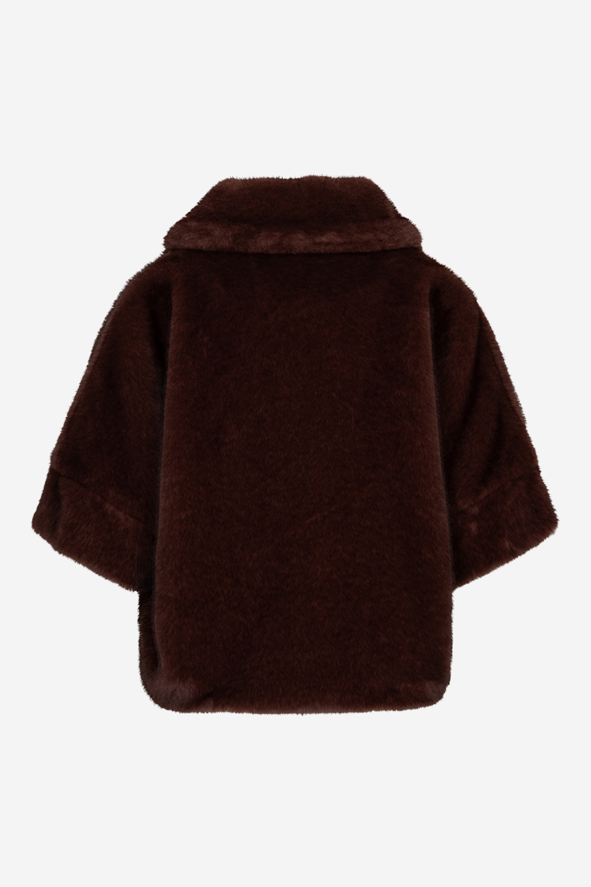 A dark brown faux fur jacket with a wide collar and short wide sleeves, shown from the back on a light gray background.