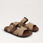 Pair of tan sandals with brown straps on a white background