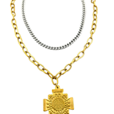 Two necklaces with a gold cross pendant on a white background