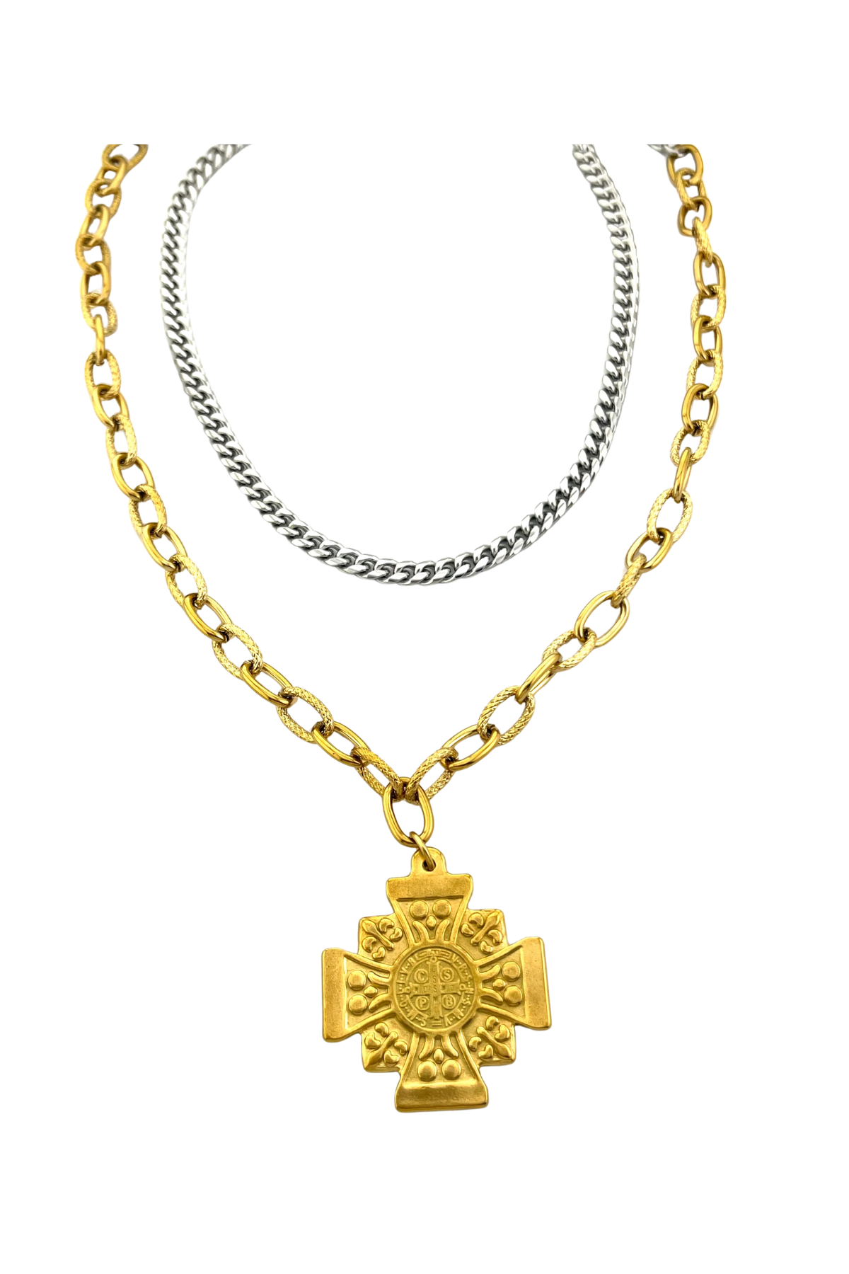 Two necklaces with a gold cross pendant on a white background