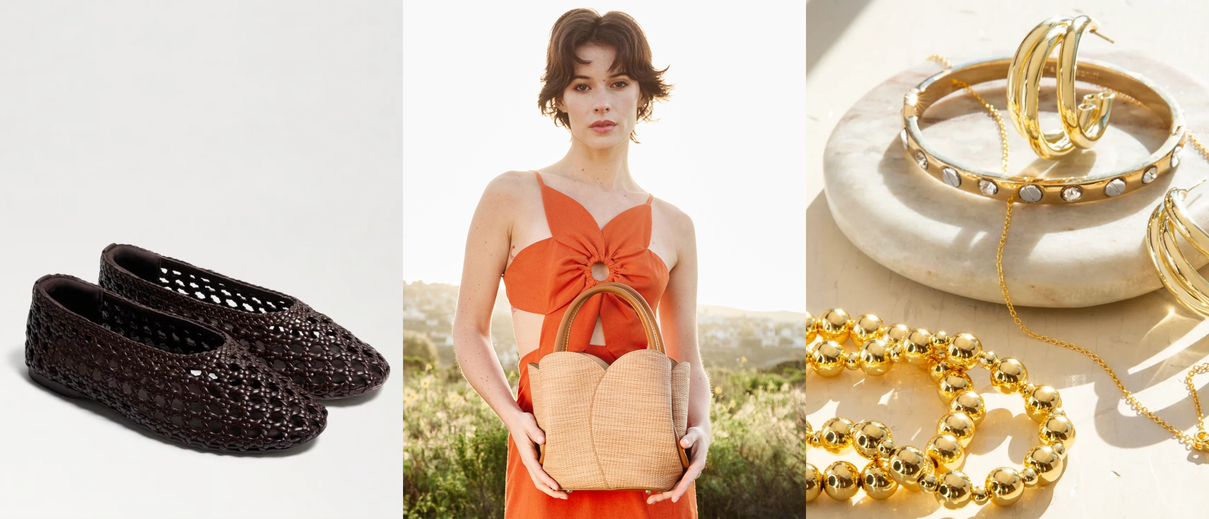 Black studded flats, a woman in an orange dress holding a beige handbag, and gold jewelry on a white surface.