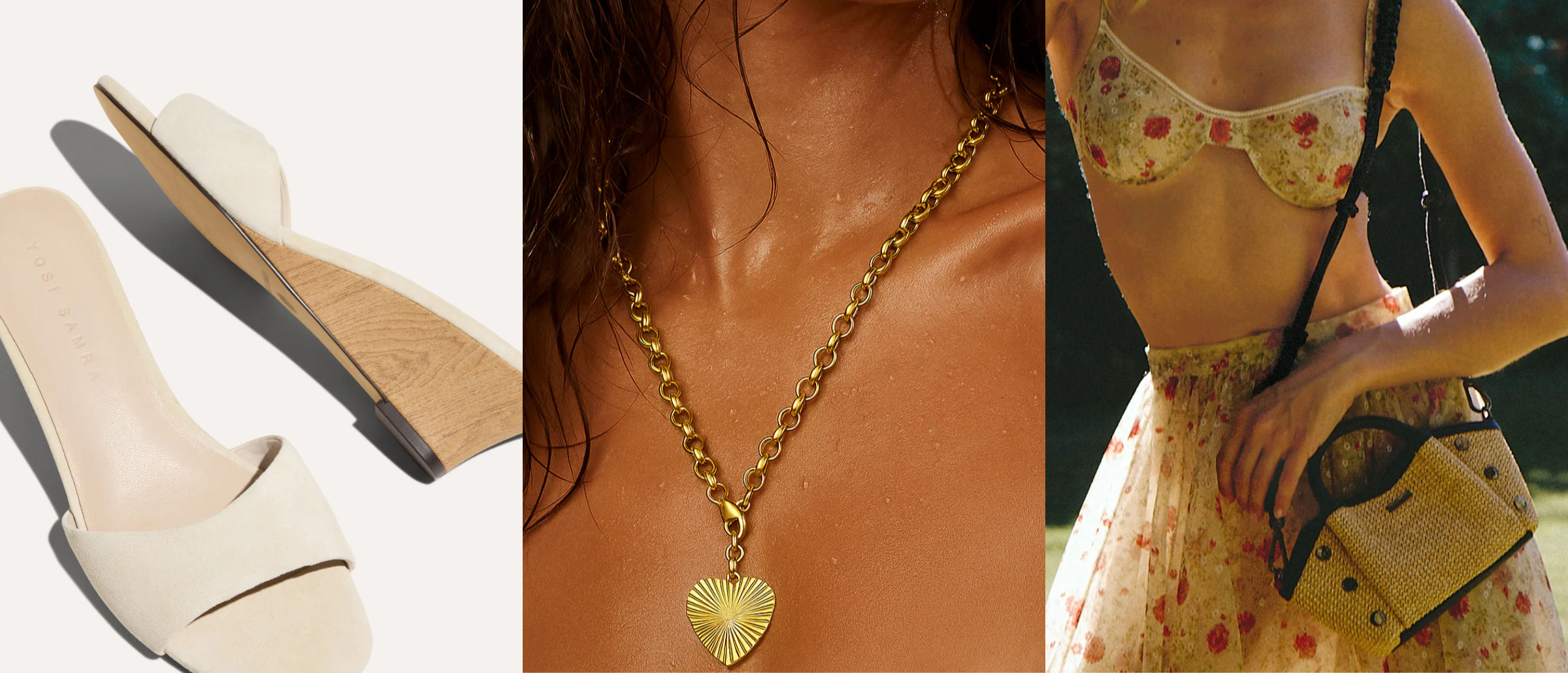 Collage of a sandal, necklace, and person wearing a floral top and skirt.