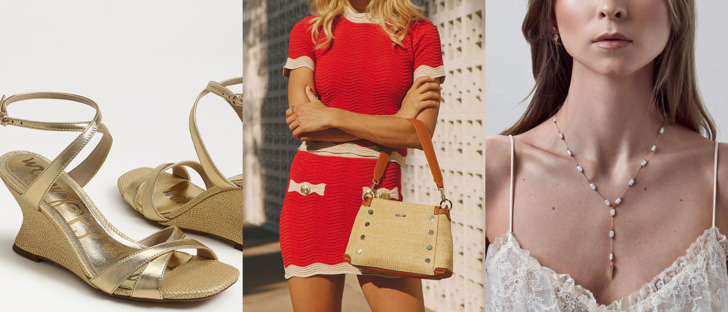 Gold wedge sandals, a woman in a red dress with a beige handbag, and a woman wearing a pearl necklace.