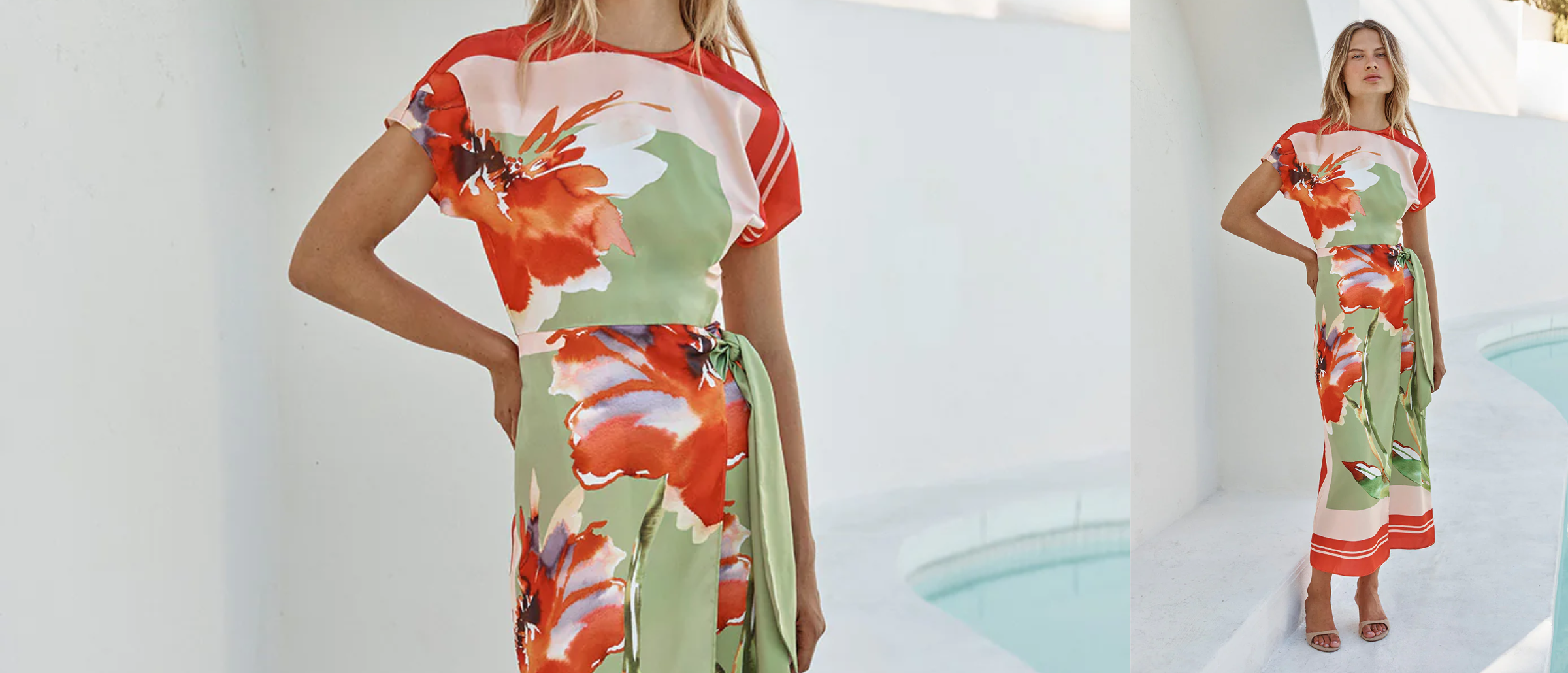 woman in satin floral dress outside 