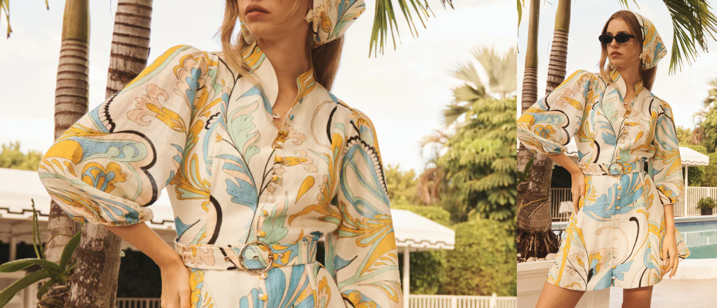 Woman in a patterned outfit standing by a pool with palm trees in the background