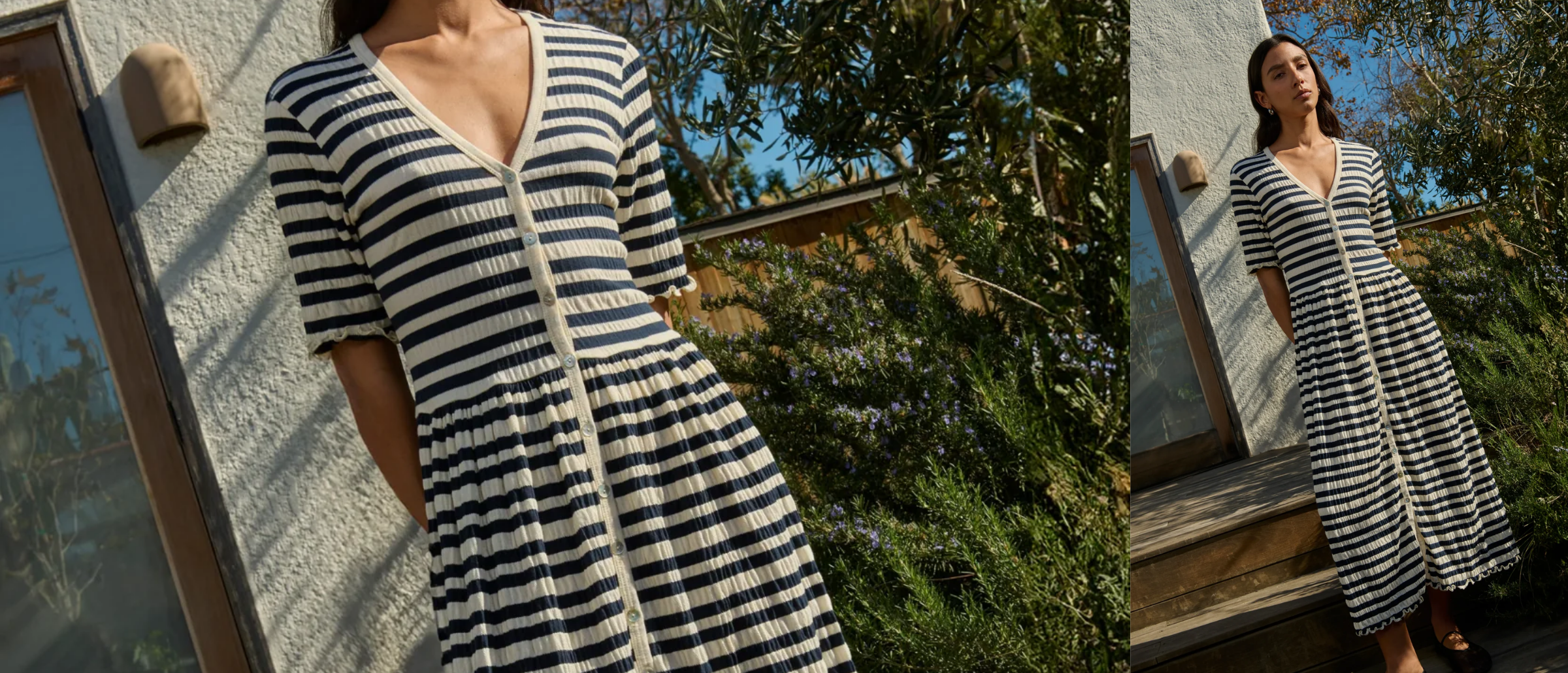 Woman wearing a black and white striped dress outdoors.
