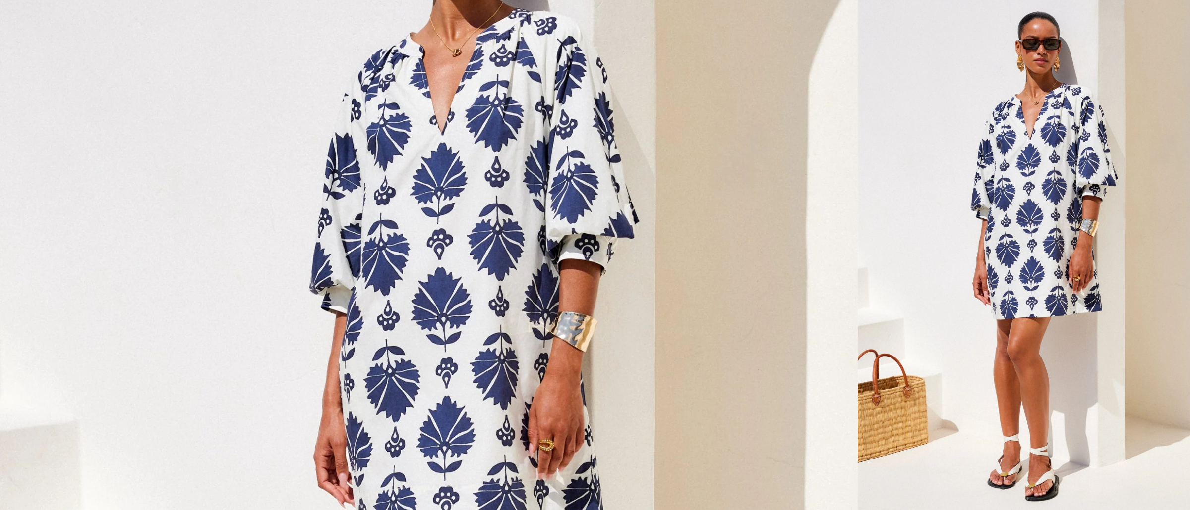 woman outside in white and blue printed dress 