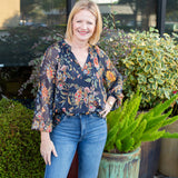 Navy Multi Long Sleeve Pleated Blouse