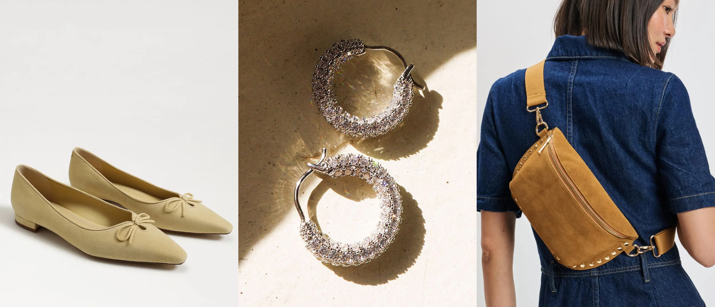 Three product images: beige shoes, large hoop earrings, and a person with a brown crossbody bag.