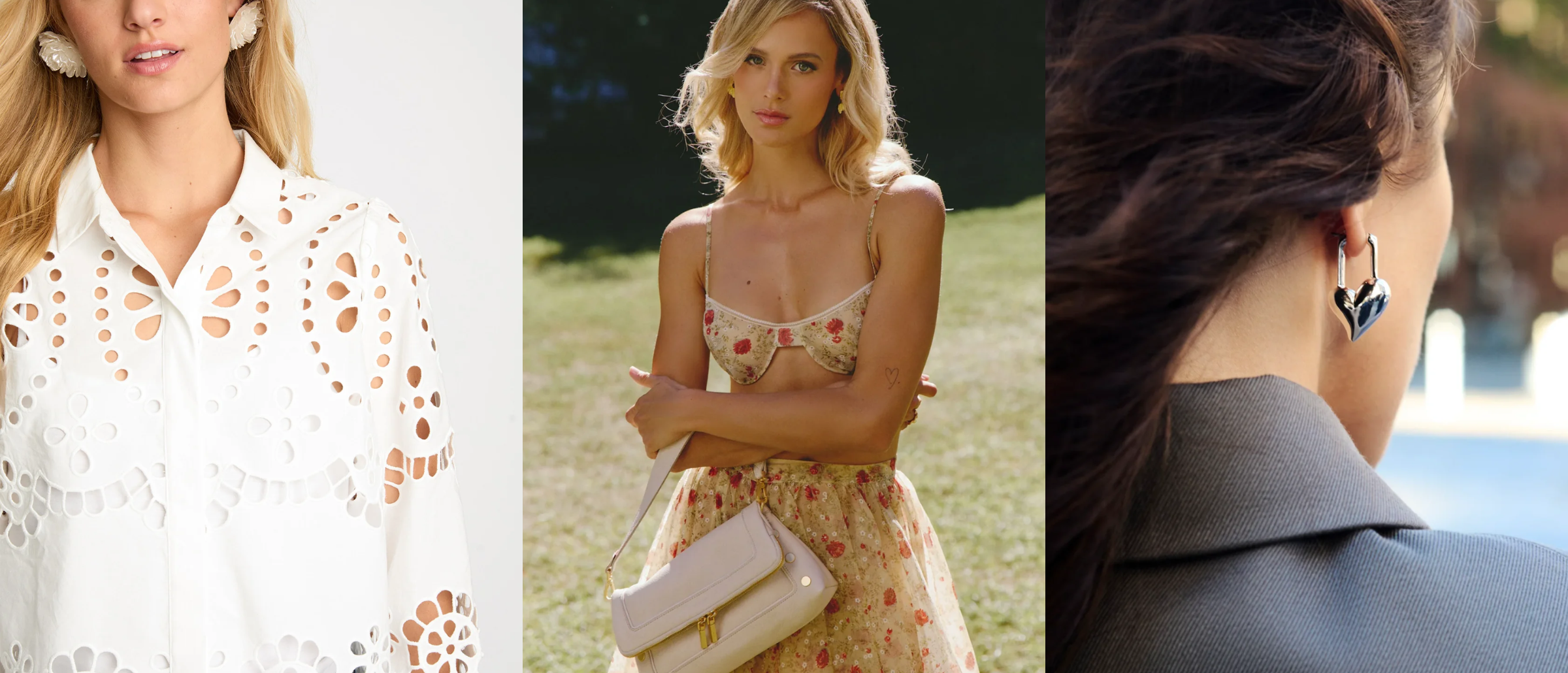 Three women wearing earrings with a focus on fashion and style.