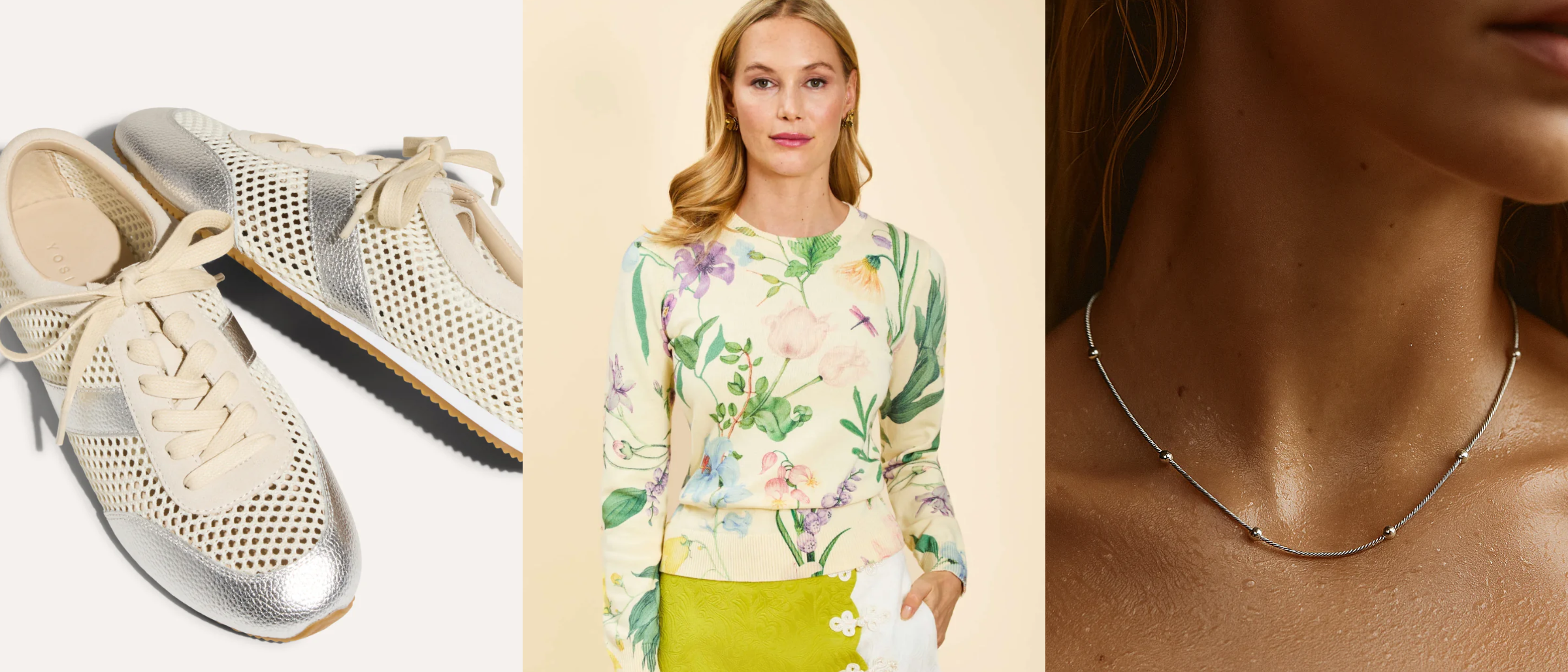 Three product images: sneakers, a floral sweater and yellow pants, and a necklace.