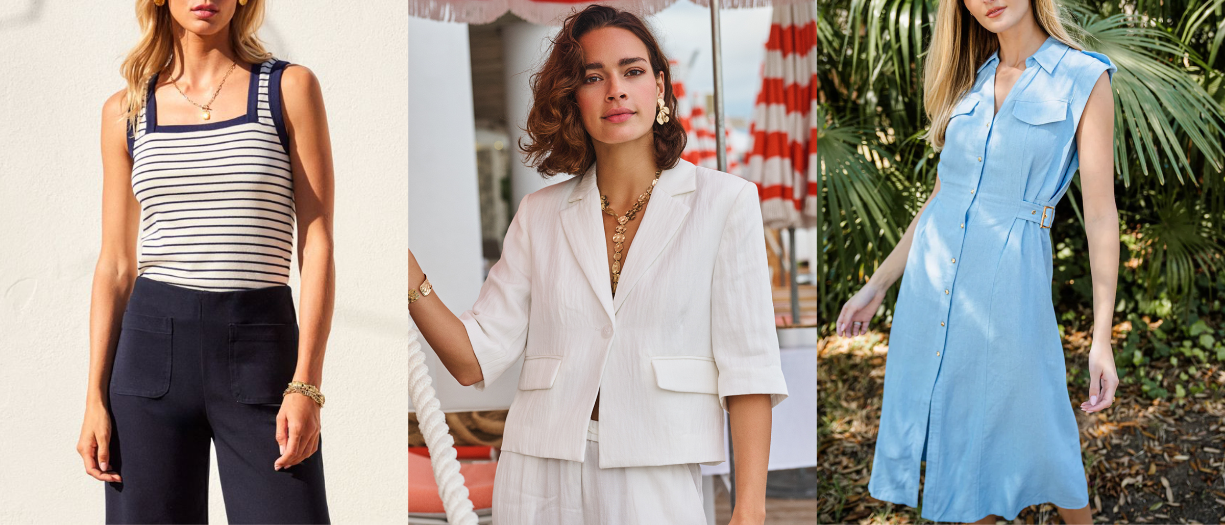 Three women wearing different outfits in various settings.