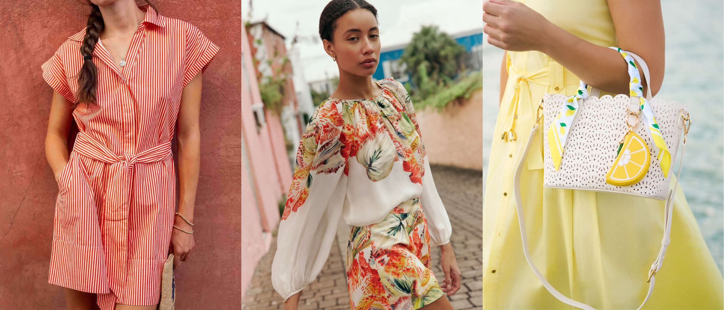 Three fashion images: a woman in a pink dress, a colorful outfit, and a lemon-themed handbag.