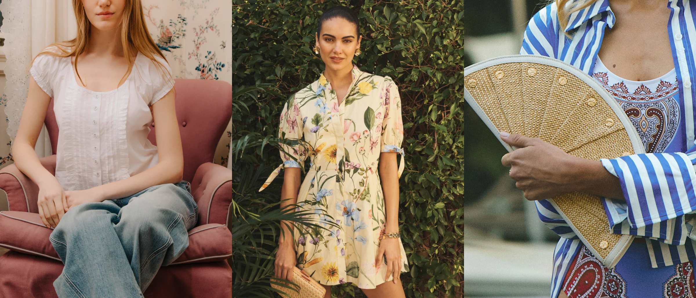 Three different images of women in various outfits with a focus on clothing and accessories.