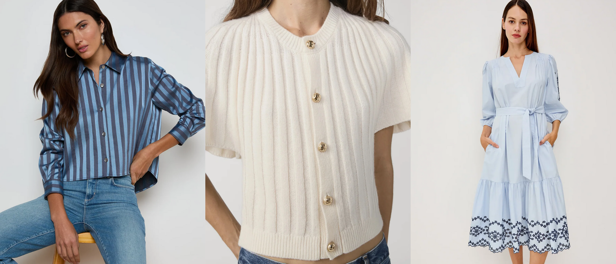 Three fashion items: a striped shirt, a white ribbed sweater, and a light blue dress with lace trim, worn by models on a white background.