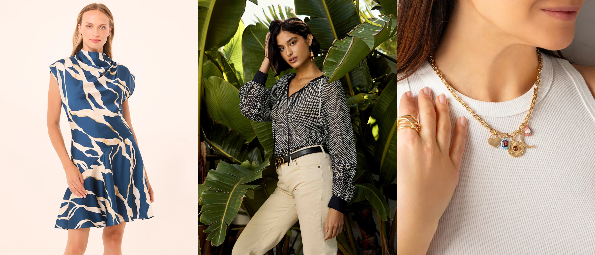 Three product images: a woman in a blue and white dress, a woman in a patterned shirt and pants, and a close-up of a necklace.