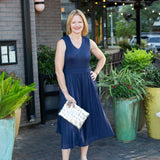 Navy Sleeveless V-Neck Midi Pleated Dress