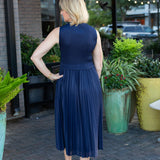 Navy Sleeveless V-Neck Midi Pleated Dress