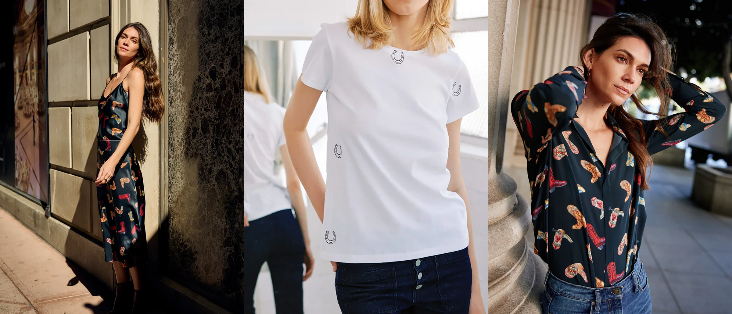 Three images of women in different outfits: a floral dress, a white t-shirt, and a patterned blouse.