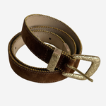 Brown belt with gold buttons on plain white background