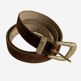Brown belt with gold buttons on plain white background
