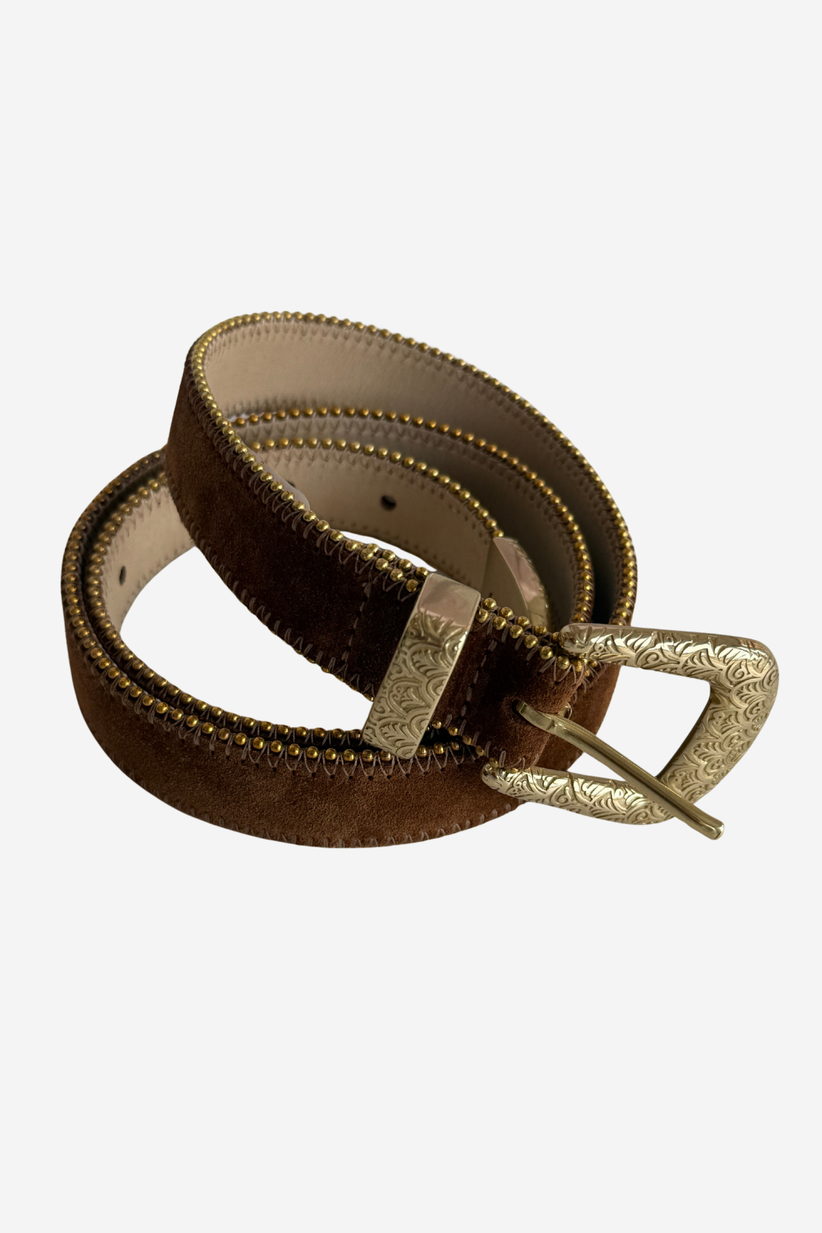 Brown belt with gold buttons on plain white background