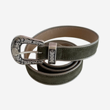 Green colored belt with silver trim on plain white background