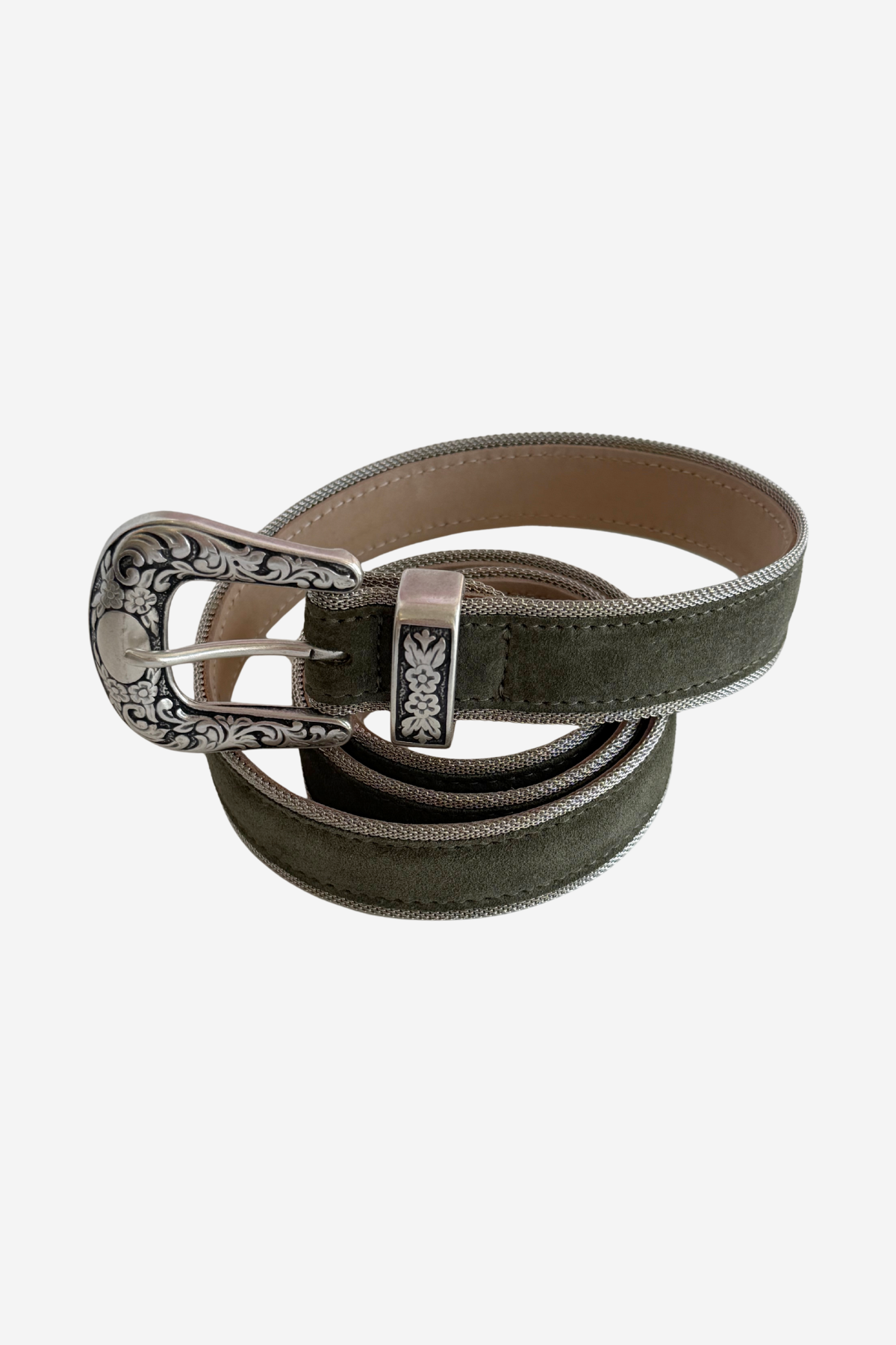 Green colored belt with silver trim on plain white background