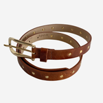 Brown belt with gold studs on plain white background