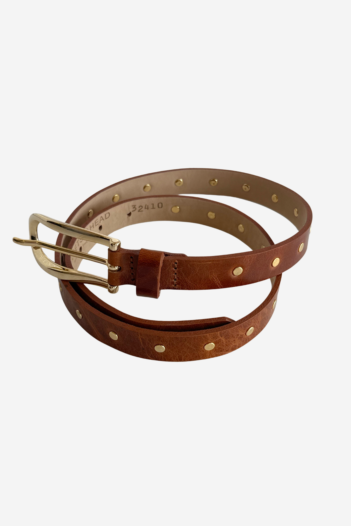 Brown belt with gold studs on plain white background