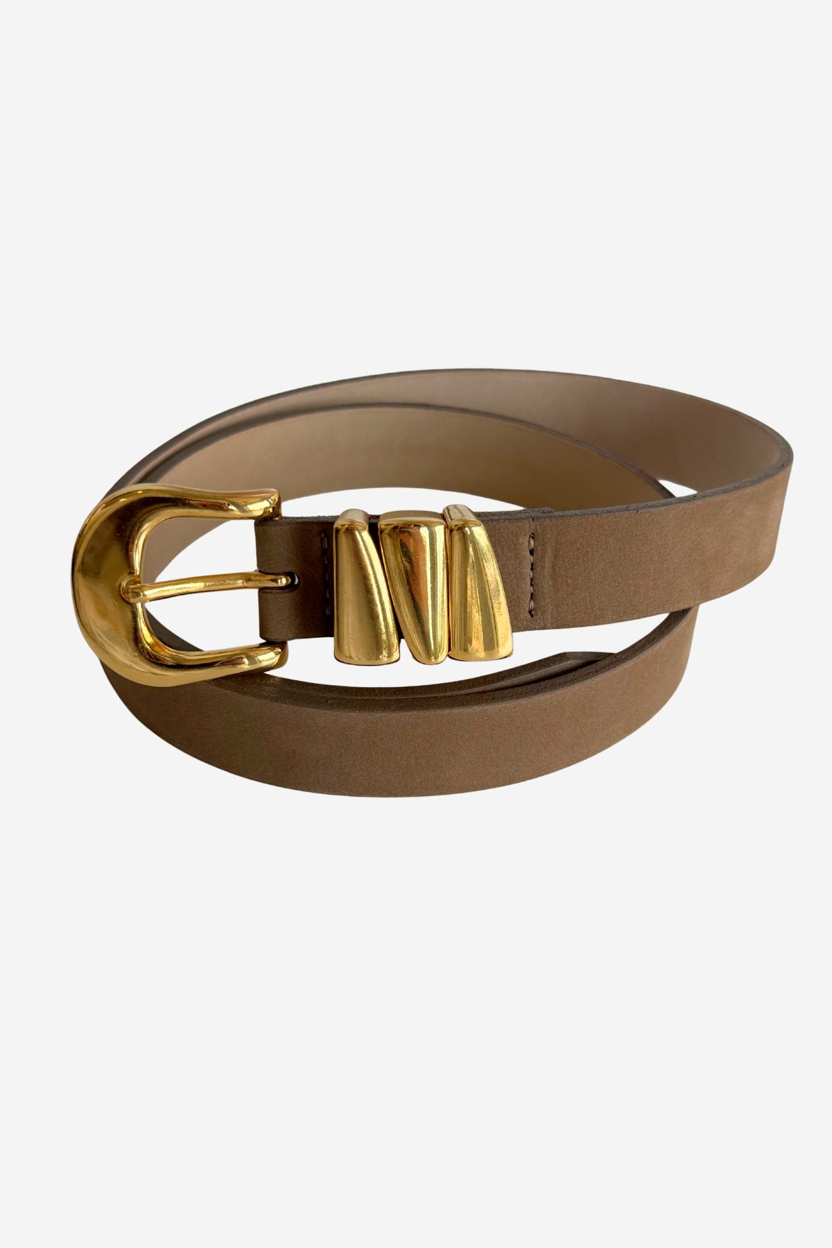 Tan colored belt on plain white background with gold buckle