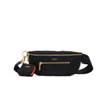 Black crossbody bag white background.