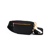 Black crossbody bag on white background.