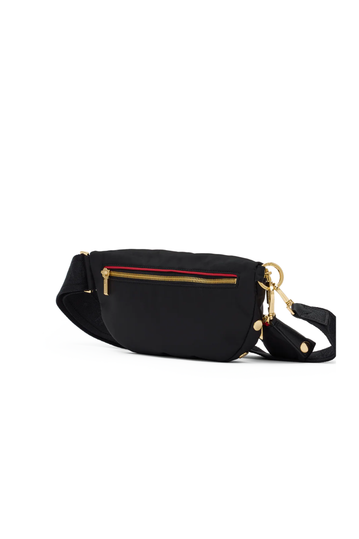 Black crossbody bag on white background.