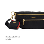 Black crossbody bag and coin pouch on white background.