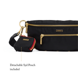 Black crossbody bag and coin pouch on white background.